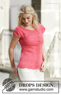 Call It Spring / DROPS 159-4 - Knitted DROPS top in stocking st with lace pattern and round yoke in ”Muskat”. Size: S - XXXL.