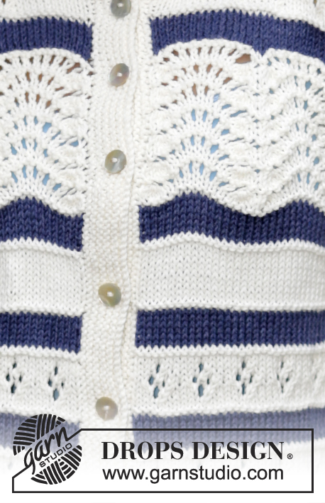 Nautical Waves Cardigan / DROPS 161-30 - Knitted DROPS jacket with lace pattern and stripes in ”Cotton Light”. Size: S - XXXL.
