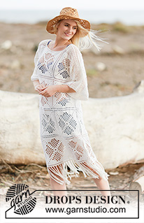 Morocco Dream / DROPS 162-22 - Crochet DROPS dress with lace pattern and fringes in ”Safran”. Size S-XXXL.