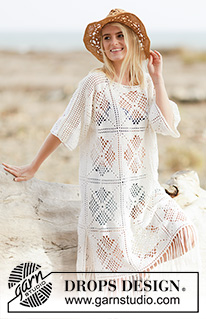 Morocco Dream / DROPS 162-22 - Crochet DROPS dress with lace pattern and fringes in ”Safran”. Size S-XXXL.