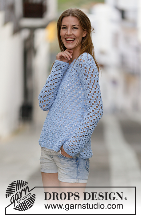 Just Me / DROPS 162-3 - Crochet DROPS jumper with lace pattern in ”Cotton Light”. Size: S - XXXL.