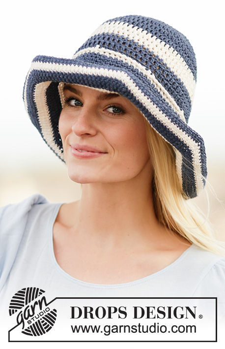 Summer Stripes / DROPS 162-31 - Crochet DROPS hat with stripes in Bomull-Lin or Paris.