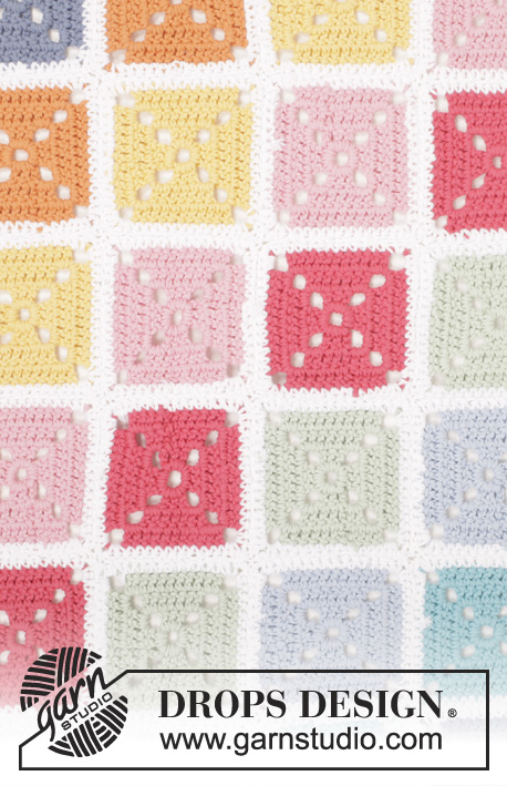 Too Much Fun / DROPS 162-4 - Crochet DROPS rainbow blanket with squares in ”Paris”.