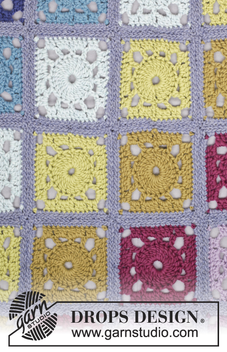 Cool Summer Evening / DROPS 163-4 - Manta DROPS composta por quadrados em croché, em “Snow”.