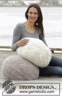 Let's Relax / DROPS 163-6 - Knitted DROPS pouffe in garter st with cables or purl stitches in 4 strands ”Snow”. Can also be worked in 2 strand Polaris.