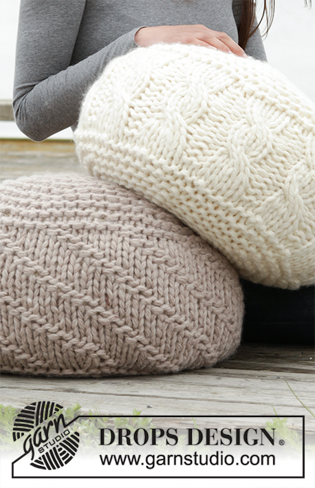 Let's Relax / DROPS 163-6 - Knitted DROPS pouffe in garter st with cables or purl stitches in 4 strands ”Snow”. Can also be worked in 2 strand Polaris.