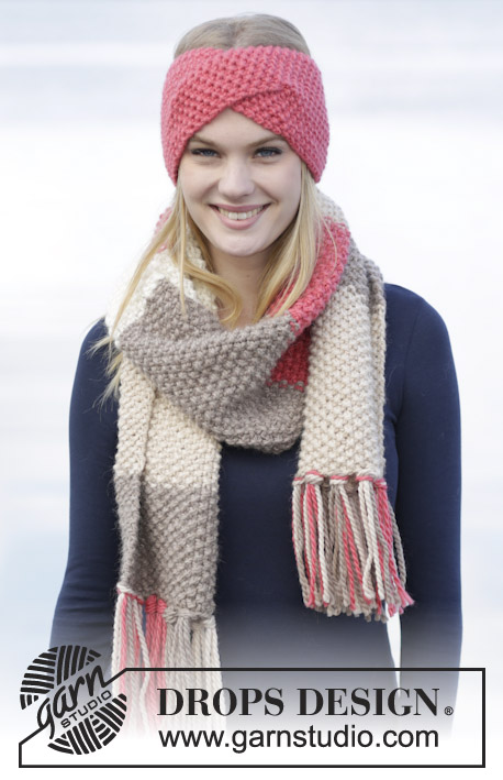 Eyes On Me / DROPS 164-26 - Set consists of: Knitted DROPS head band and scarf in seed st in ”Andes”.