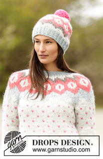 Winter Poppies / DROPS 164-28 - Komplet DROPS: sweter z zaokrąglonym karczkiem i żakardem norweskim, oraz czapka z żakardem norweskim i pomponem, z włóczki „Andes”. Od S do XXXL.