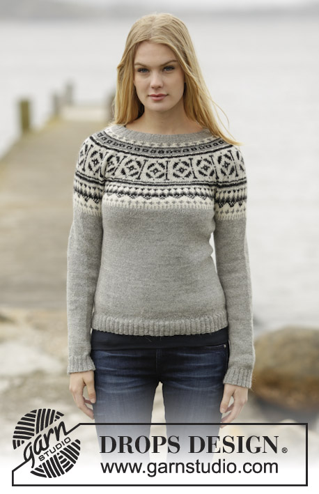 Ferry Cross / DROPS 165-14 - Knitted DROPS jumper with round yoke and Nordic pattern in Alpaca. Size: S - XXXL.