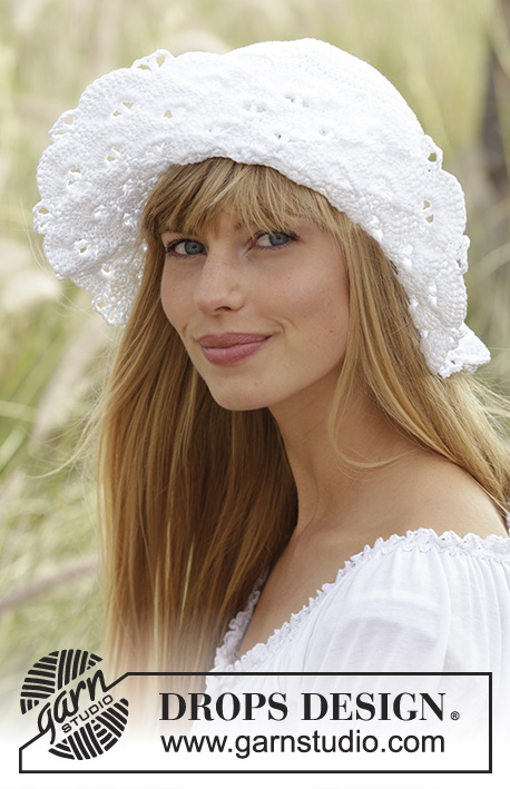 Country Girl / DROPS 167-7 - Heklet DROPS hatt i ”Muskat” med viftemønster