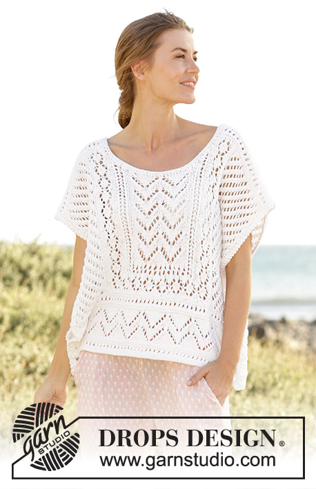 All Smiles / DROPS 170-18 - Knitted DROPS loose fitted top with lace pattern in borders in ”Paris”. Size: S - XXXL.