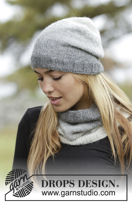 Misty Haze / DROPS 171-46 - Set consists of: Knitted DROPS hat and neck warmer with gradient colours and rib in 2 strands ”Alpaca”.