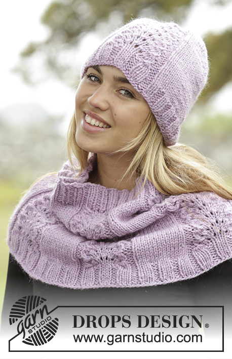 Malin / DROPS 171-56 - Set consists of: Knitted DROPS hat, mittens and neck warmer with lace pattern and rib in ”Alaska”.