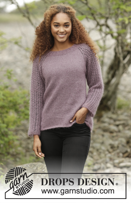 Touch of Heather / DROPS 172-32 - Knitted DROPS jumper with raglan and lace pattern, worked top down in ”Kid-Silk”. Size: S - XXXL.