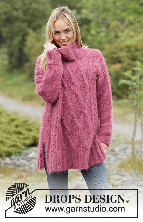 Warm Wine / DROPS 172-36 - Knitted DROPS oversized jumper with cables and turtle neck in ”Melody”. Size: S - XXXL.