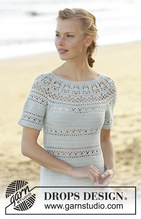 Grace in Lace / DROPS 175-30 - Dress crochet from the top down with round yoke, lace pattern and short sleeves in DROPS Safran. Size: S - XXXL