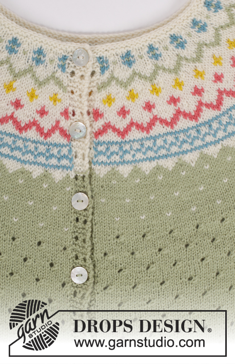 Spring Valley Cardigan / DROPS 175-8 - Sweter rozpinany z wzorem fal, zaokrąglonym karczkiem i wielokolorowym żakardem z włóczki DROPS Flora. Od S do XXXL.