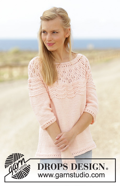 Apricot Cream / DROPS 176-22 - Knitted jumper with lace pattern, wave pattern and round yoke in DROPS Muskat. Size: S - XXXL.