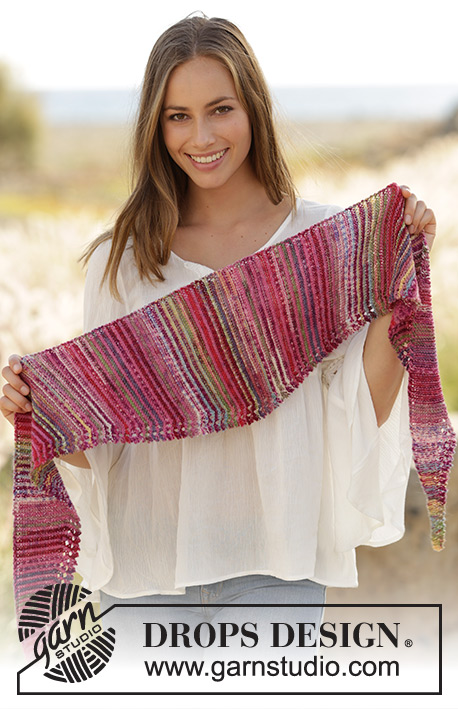 Candy Wrap / DROPS 178-18 - Knitted shawl with stripes and picot edge, worked sideways in garter stitch in DROPS Fabel.