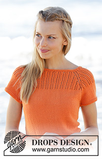 Orange Dream Top / DROPS 178-45 - Top knitted top down with raglan, lace pattern on yoke and A-shape in DROPS Safran. Size: S - XXXL