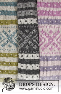 Nova Scotia / DROPS 180-22 - L'ensemble se compose de: Bonnet avec jacquard norvégien fana  et pompon. Pull  tricoté de haut en bas avec jacquard norvégien fana, empiècement arrondi et forme trapèze. Du S au XXXL
L’ensemble se tricote en DROPS Karisma.