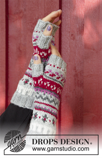 Winter Berries / DROPS 181-16 - Komplet składa się ze: swetra z zaokrąglonym karczkiem, żakardem norweskim, w kształcie trapezu, przerabiany, od góry do dołu. Od S do XXXL. Mitenek z żakardem norweskim.
Z włóczki DROPS Karisma.