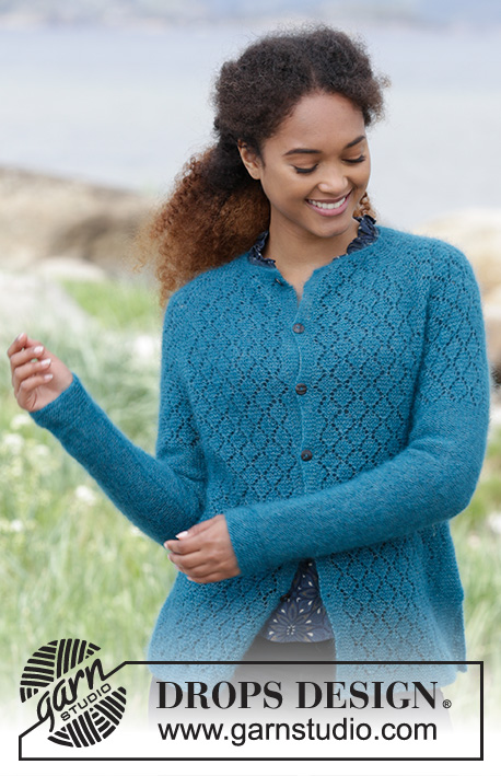 Song of the Sea Cardigan / DROPS 181-21 - Knitted jacket with raglan, lace pattern, garter stitch and split in the side, worked top down. Sizes S - XXXL.
The piece is worked in DROPS Kid-Silk.