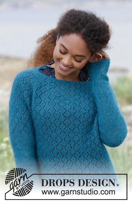 Song of the Sea / DROPS 181-22 - Knitted jumper with raglan, lace pattern, garter stitch and split in the side, worked top down. Sizes S - XXXL.
The piece is worked in DROPS Kid-Silk.