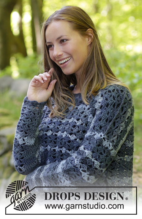Blue Fountain / DROPS 181-33 - Crocheted jumper with fans. Size: S - XXXL
Piece is crocheted in DROPS Big Delight.