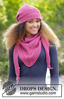 Very Berry / DROPS 182-1 - The set consists of: Knitted hat and shawl with garter stitch and lace pattern.  The set is worked in DROPS BabyMerino.