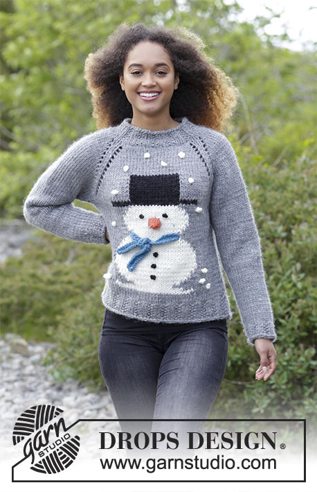 Frosty's Christmas / DROPS 183-13 - Pull de Noël tricoté de haut en bas, avec jacquard bonhomme de neige et emmanchures raglan, en DROPS Snow ou DROPS Wish. Du S au XXXL