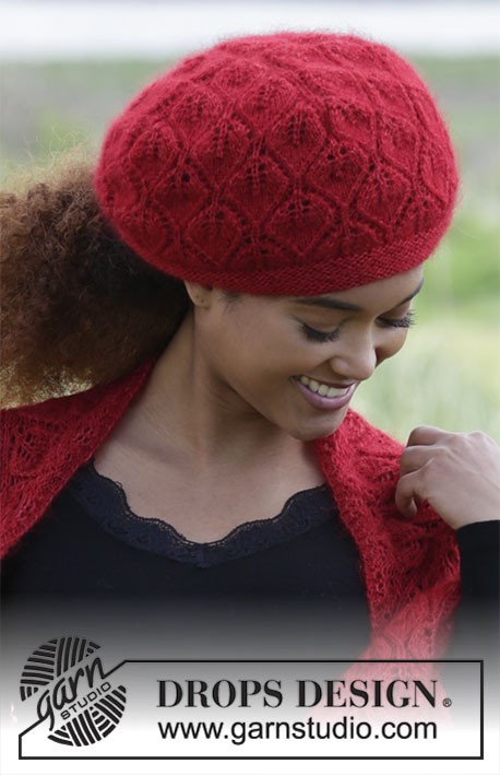 Hot Coal / DROPS 183-7 - Set consists of: Knitted scarf and hat with lace pattern. 
Set is worked in DROPS Lace and DROPS Kid-Silk.
