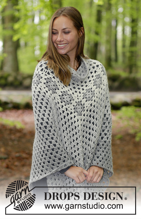 Hygge / DROPS 184-23 - Crocheted poncho with granny squares and double treble crochet groups. Size: S - XXXL Piece is crocheted in 2 strands DROPS Alpaca.