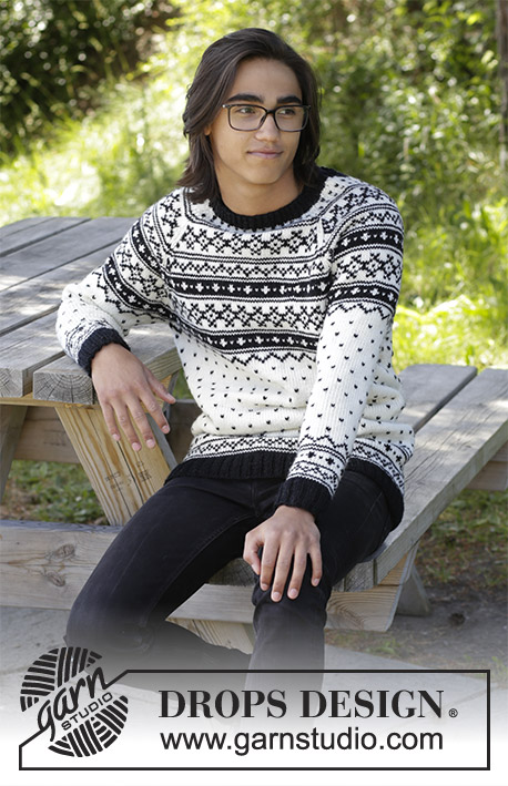 Telegram / DROPS 185-11 - Knitted sweater with multi-colored pattern and raglan for men. Size: S - XXXL Piece is knitted in DROPS Merino Extra Fine.