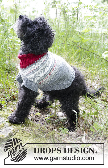 Narvik Woof / DROPS 185-34 - Dog’s knitted jumper with multi-coloured Nordic pattern. Sizes XS - M. The piece is worked in DROPS Merino Extra Fine.