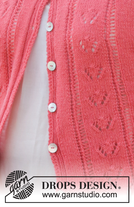 Miss Flora Cardi / DROPS 186-16 - Raglánový propínací svetr – vesta s krajkovým vzorem a krátkým rukávem pletená z příze DROPS Flora. Velikost: S - XXXL.