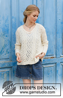 The Pearl / DROPS 186-31 - Knitted sweater with lace pattern and V-neck. Sizes S - XXXL. The piece is worked in DROPS Alpaca and DROPS Kid-Silk.