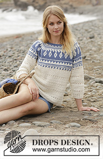 Nordic Fling / DROPS 186-34 - Jumper with multi-coloured pattern and round yoke, crocheted top down with 3/4 long sleeves and A-shape. Size: S - XXXL Piece is crocheted in DROPS Cotton Merino.