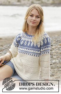 Nordic Fling / DROPS 186-34 - Jumper with multi-coloured pattern and round yoke, crocheted top down with 3/4 long sleeves and A-shape. Size: S - XXXL Piece is crocheted in DROPS Cotton Merino.