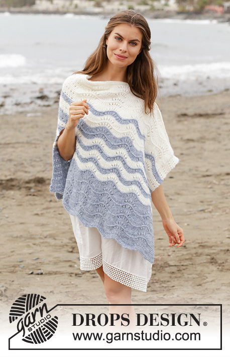 Vacation Bound / DROPS 186-38 - Knitted poncho with wave pattern and stripes. Sizes S - XXXL. The piece is worked in DROPS Air.