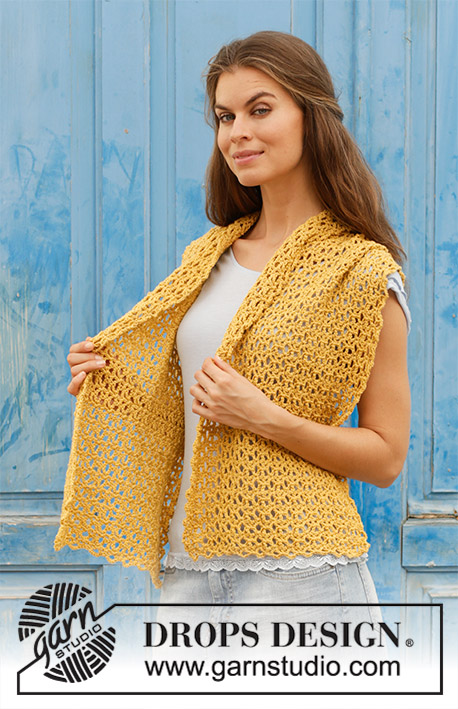 Golden Hug / DROPS 187-36 - Crocheted stole with lace pattern. Piece is crocheted in DROPS Merino Extra Fine.