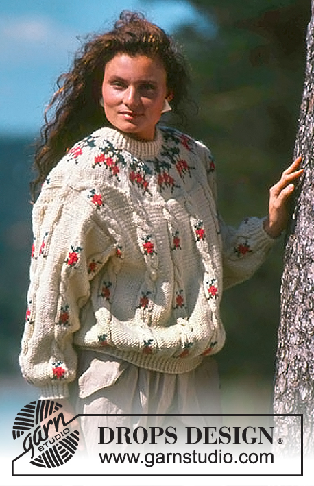 DROPS 19-3 - Sweter na drutach, z warkoczami i żakardem w kwiaty, z włóczki DROPS Alaska. Od S do L.