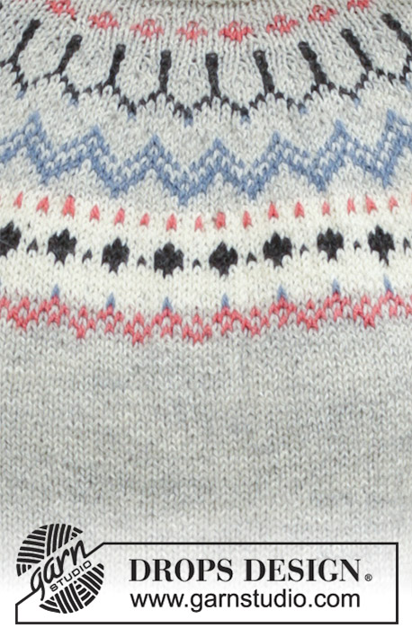 Mina Cardigan / DROPS 191-21 - Kofta med runt ok, flerfärgat nordiskt mönster och A-form, stickad uppifrån och ner. Storlek S - XXXL. Arbetet är stickat i DROPS Flora