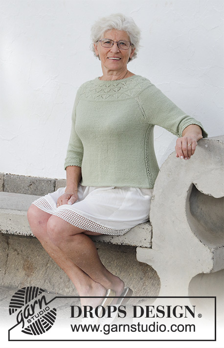 Summer Evening Jumper / DROPS 191-24 - Knitted sweater with round yoke, lace pattern and ¾-length sleeves, worked top down. Sizes S - XXXL. The piece is worked in DROPS BabyAlpaca Silk.