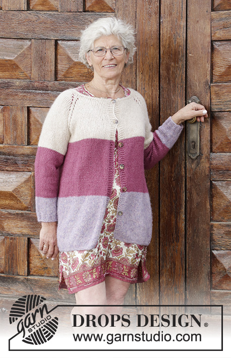 Lavender Rose / DROPS 191-25 - Knitted jacket with stripes, raglan and A-shape, worked top down. Sizes S - XXXL. The piece is worked in DROPS Air.