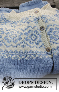 Periwinkle Jacket / DROPS 191-29 - Stickad kofta med runt ok, flerfärgat nordiskt mönster och A-form.
Storlek S - XXXL. Arbetet är stickat i DROPS Merino Extra Fine
