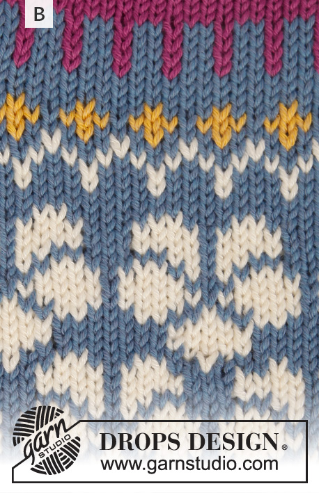 Myosotis Cardigan / DROPS 191-36 - Casaco tricotado de cima para baixo, com encaixe arredondado, jacquard nórdico e mangas ¾ com folhos, em DROPS Cotton Merino. Do S ao XXXL