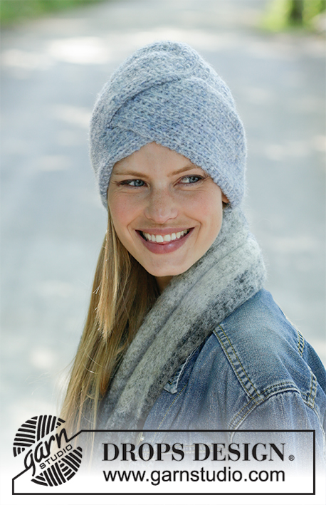 Garbo / DROPS 192-12 - Knitted hat in DROPS Air. Piece is knitted with texture and cables at the front.