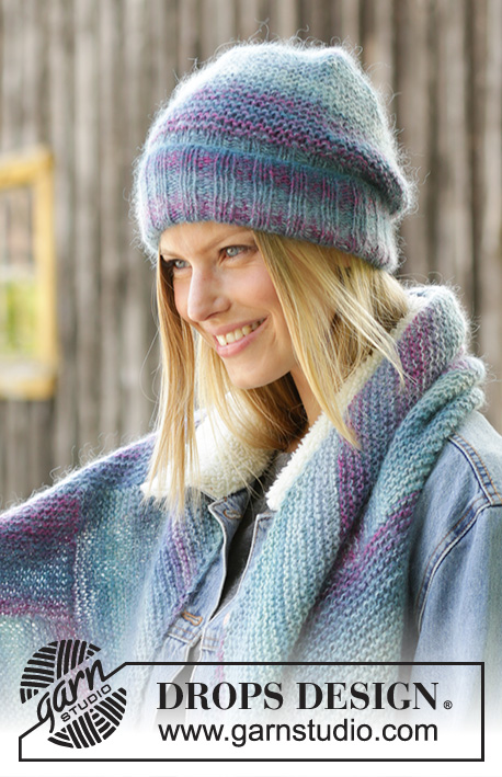 Casually Cozy / DROPS 192-6 - Knitted hat and scarf in DROPS Delight and DROPS Kid-Silk. The hat is worked in garter stitch and rib; the scarf is worked in garter stitch with angles.