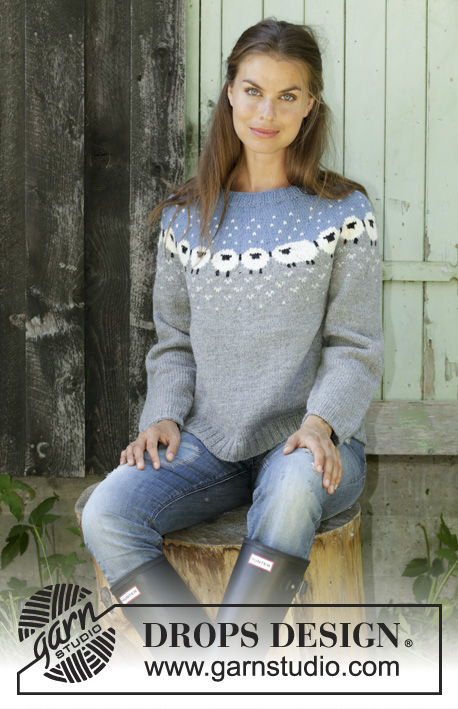 Sheep Happens! / DROPS 194-2 - Knitted jumper with round yoke in DROPS Merino Extra Fine or Lima. The piece is worked top down in Nordic pattern with sheep S - XXXL.